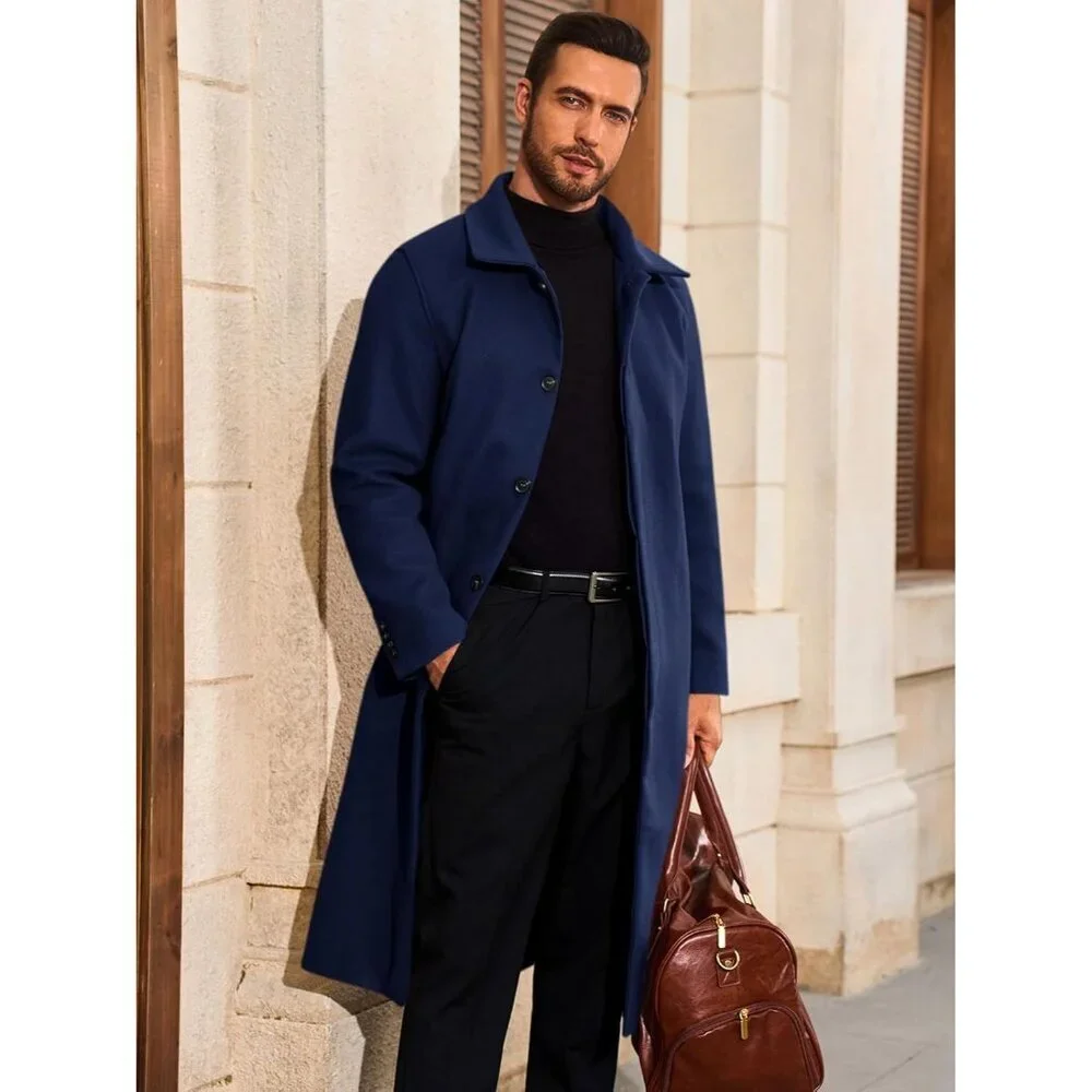 Men's Navy Blue Long Trench Coat Single Breasted Casual Winter Warm Pea Coat